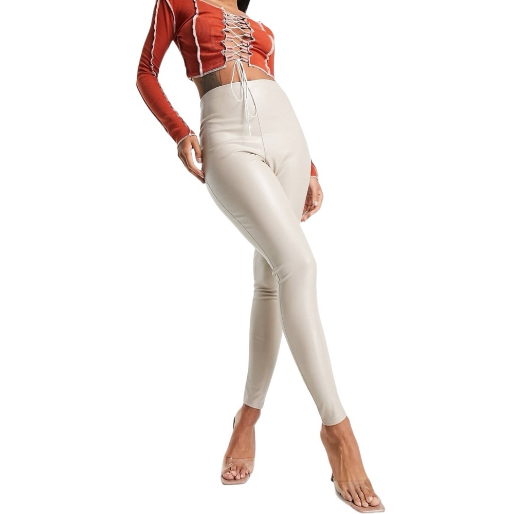 Missy Empire ASOS High Waist Faux Leather Leggings Stone sz 5 Slim Stretch Fit
